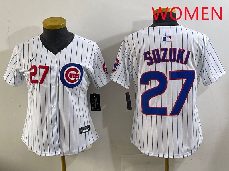 Women 2025 Chicago Cubs #27 Suzuki White Stripe Game Nike MLB Jersey style 2